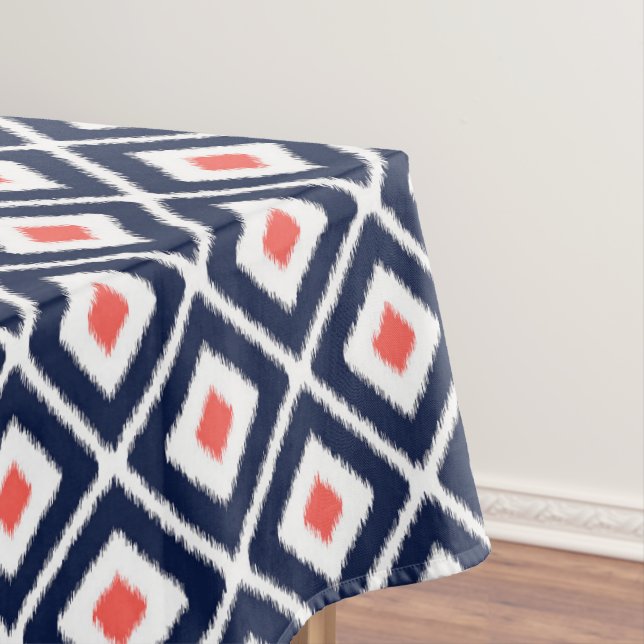 Navy Blue, Coral, White Ikat Diamond Pattern Tablecloth (In Situ)