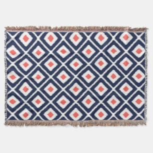 Navy Blue, Coral, White Ikat Diamond Pattern Throw Blanket