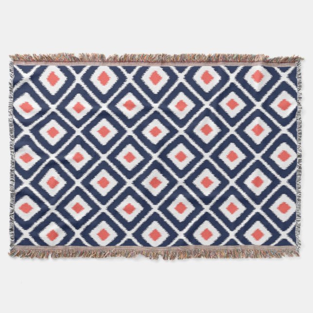 Navy Blue, Coral, White Ikat Diamond Pattern Throw Blanket (Front)