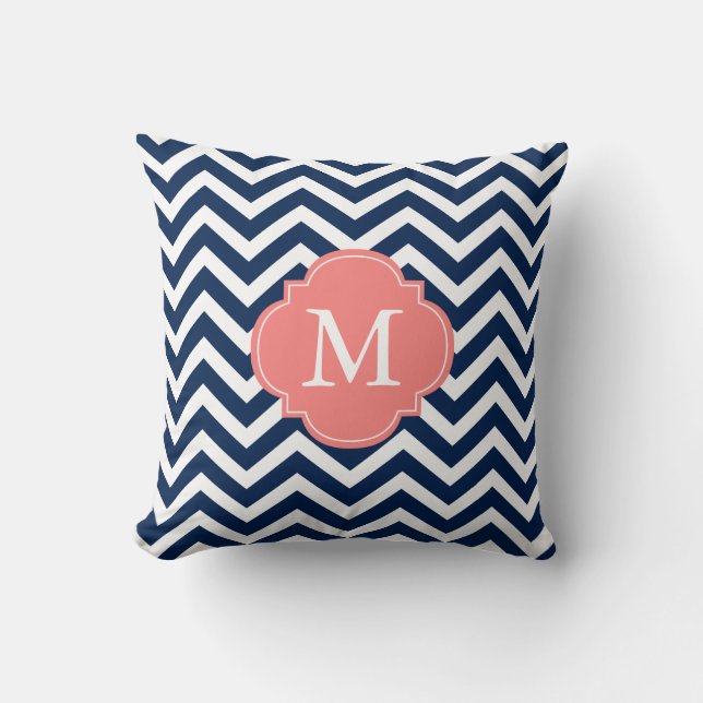 Navy Blue Coral Zigzag Pattern Monogram Cushion (Front)