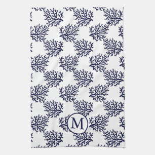 Navy blue corals on a white background wrapping pa tea towel