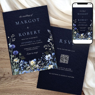 Navy Blue Cornflower Wildflower Wedding QR Code In Invitation