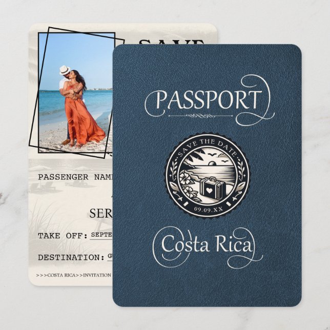 Navy Blue Costa Rica Passport Save The Date (Front/Back)