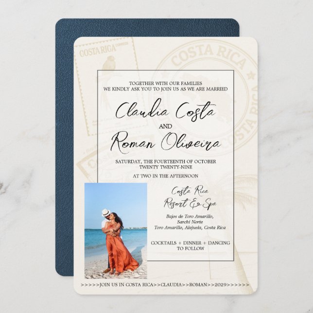 Navy Blue Costa Rica Passport Wedding Invitation (Front/Back)