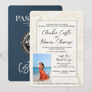 Navy Blue Costa Rica Passport Wedding Invitation