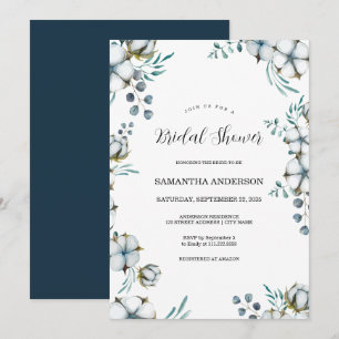 Navy blue Cotton flowers eucalyptus Bridal Shower Invitation