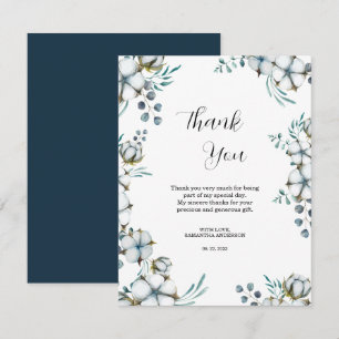 Navy blue Cotton flowers eucalyptus Bridal Shower Thank You Card