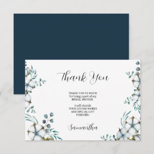 Navy blue Cotton flowers eucalyptus Bridal Shower Thank You Card