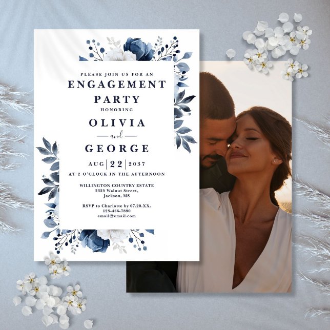 Navy Blue Country Floral Engagement Party Photo Invitation (Navy Blue Country Floral Engagement Party Photo Invitation)