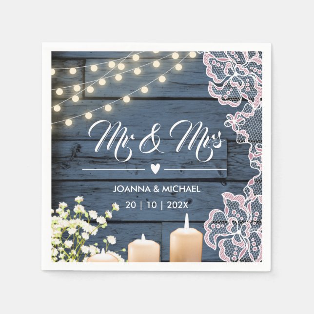 Navy Blue Country Wood String Lights Lace Mr & Mrs Napkin (Front)
