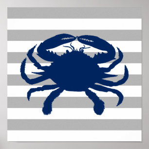 Navy Blue Crab Grey and White Stripe Poster