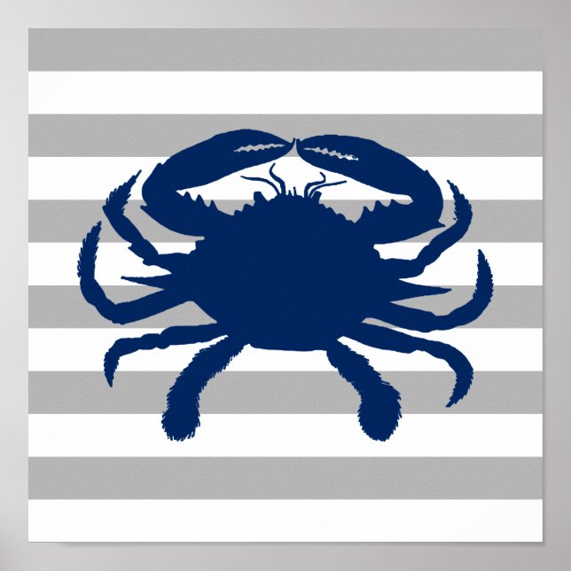 Navy Blue Crab Grey and White Stripe Poster (Front)