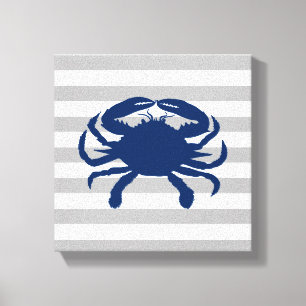 Navy Blue Crab Grey and White Stripes Canvas Print