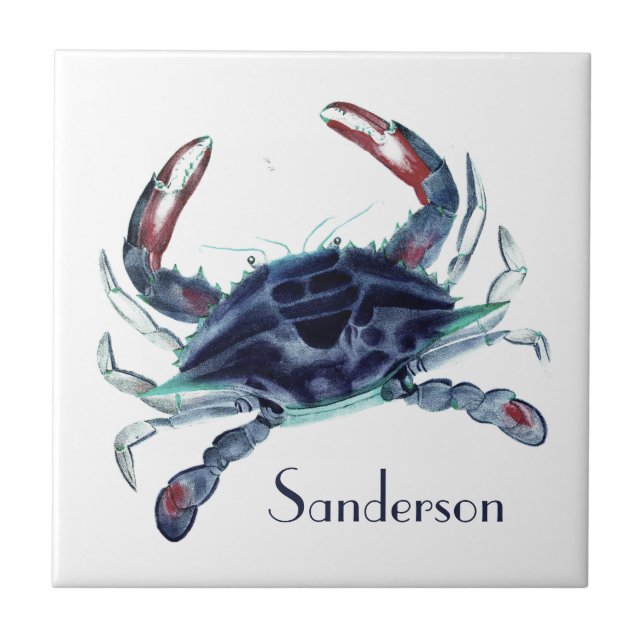 Navy blue crab nautical coastal  ceramic tile (Front)