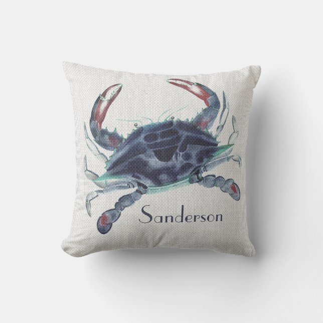 Navy blue crab watercolor nautical coastal   cushion (Front)
