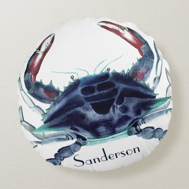 Navy blue crab watercolor nautical coastal  round cushion (Front)