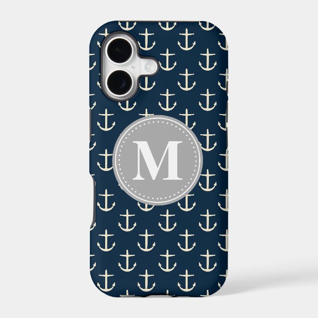 Navy Blue Cream Anchor Pattern Grey Monogram (Back)