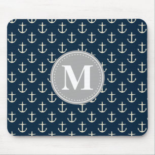 Navy Blue Cream Anchor Pattern Grey Monogram Mouse Pad