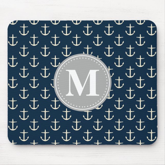 Navy Blue Cream Anchor Pattern Grey Monogram Mouse Pad (Front)