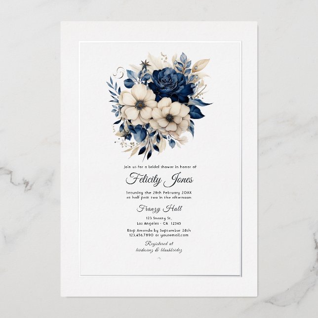 Navy Blue, Cream and Silver Floral Bridal Shower (Front)