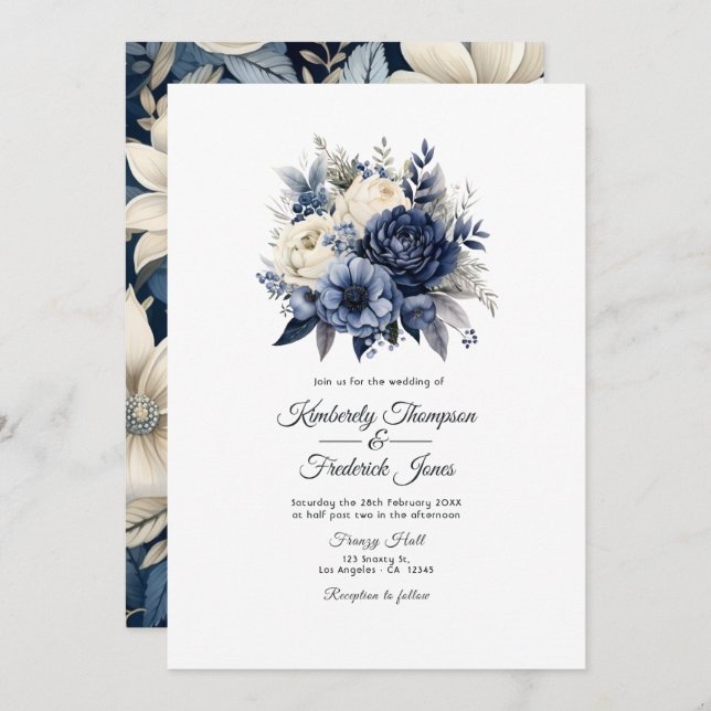 Navy Blue, Cream and Silver Floral Wedding Invitation (Front/Back)