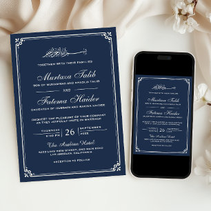 Navy Blue Cream Border Muslim Wedding Invitation