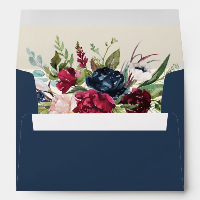 Navy Blue | Cream | Burgundy Floral Wedding Envelope (Back (Bottom))