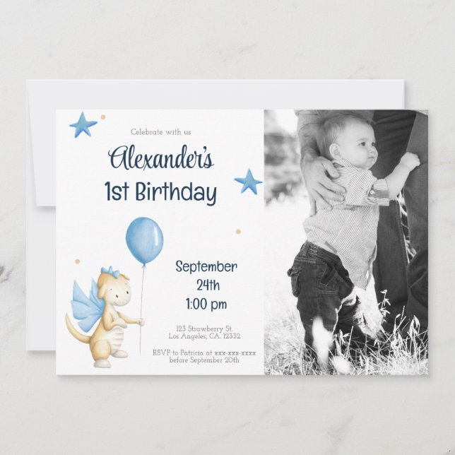 Navy Blue Cream Dragon and Balloon First Birthday Invitation (Front)