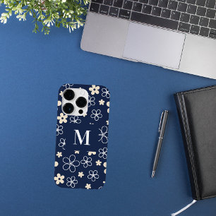 Navy blue cream flower pattern retro iPhone 16 pro case