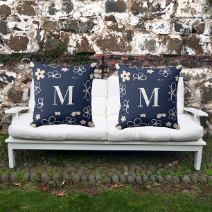 Navy blue cream flower pattern retro cushion