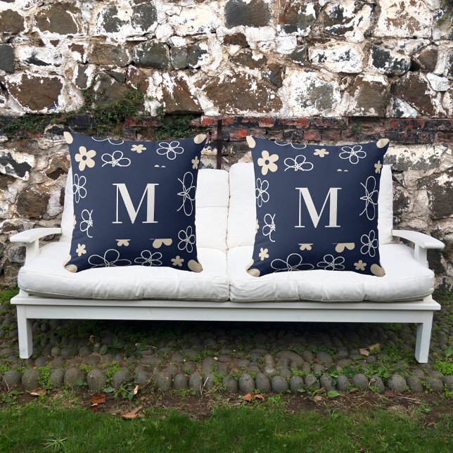 Navy blue cream flower pattern retro cushion (Creator Uploaded)