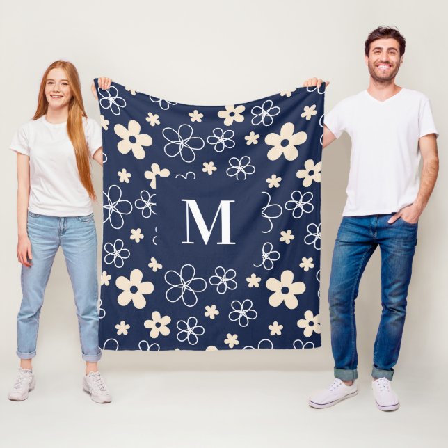 Navy blue cream flower pattern retro fleece blanket (In Situ)