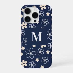 Navy blue cream flower pattern retro iPhone 16 pro case
