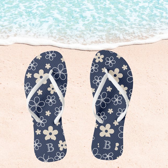 Navy blue cream flower pattern retro thongs (Creator Uploaded)