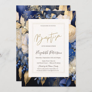 Navy Blue Cream Flowers Baptism Invitation