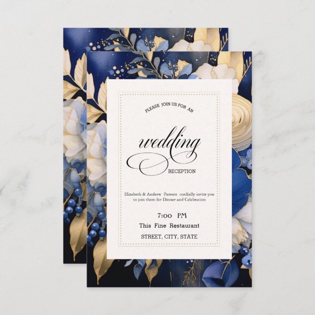 Navy Blue Cream Flowers Rehearsal Dinner   Invitation (Front/Back)