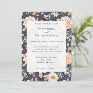 Navy Blue Cream Peach Floral Wedding Invitation