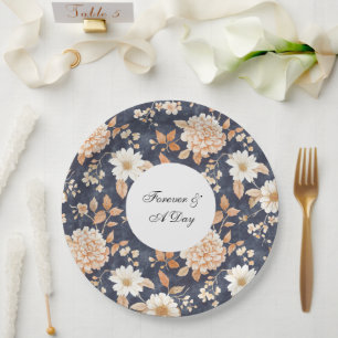 Navy Blue Cream Peach Floral Wedding Paper Plate
