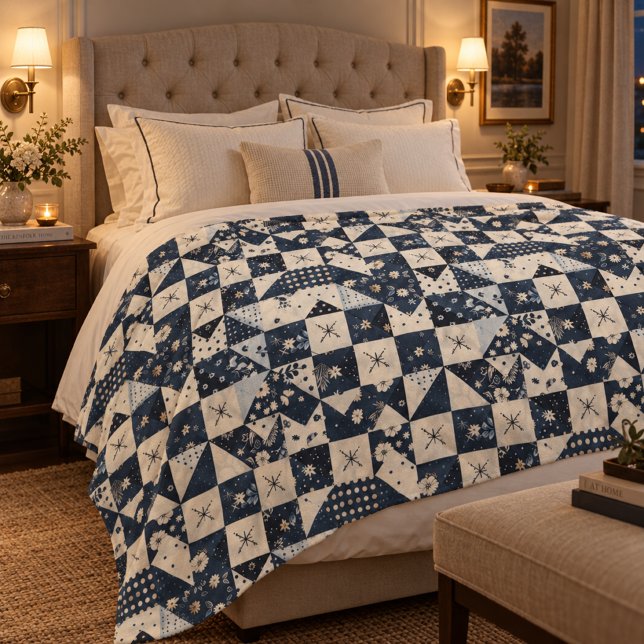 Navy Blue Cream Quilt Patchwork Gingham Patchwork Fleece Blanket (Creator Uploaded)