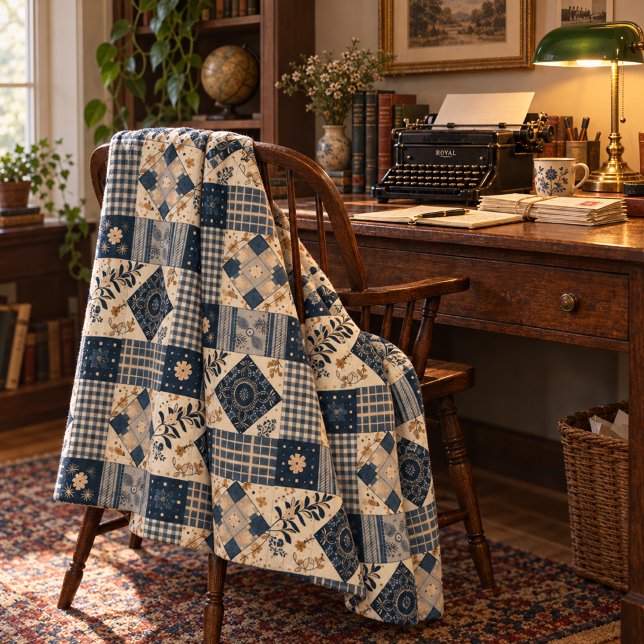 Navy Blue Cream Quilt Patchwork Gingham Patchwork Fleece Blanket (Creator Uploaded)