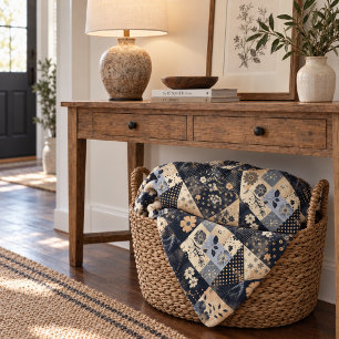 Navy Blue Cream Quilt Patchwork Gingham Patchwork Fleece Blanket
