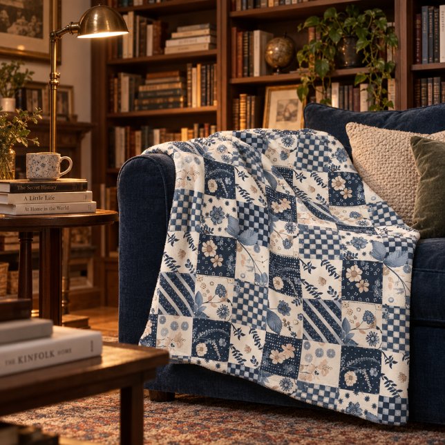 Navy Blue Cream Quilt Patchwork Gingham Patchwork Fleece Blanket (Creator Uploaded)