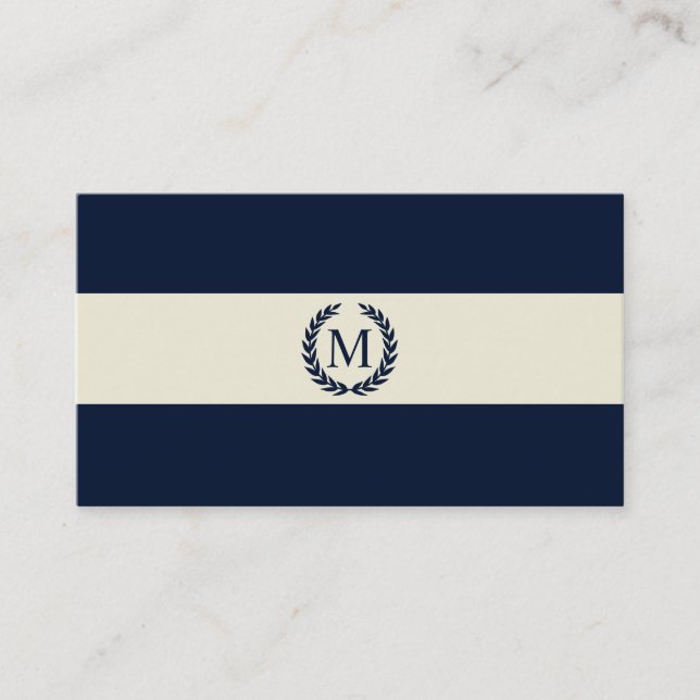 Navy Blue & Cream Stripe Monogram Business Card (Front)