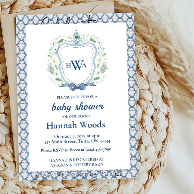 Navy & Blue Crest Chinoiserie Monogram Baby Shower Invitation (Creator Uploaded)