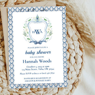 Navy & Blue Crest Chinoiserie Monogram Baby Shower Invitation