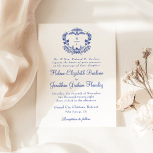 Navy Blue Crest Formal Elegant Wedding Invitation