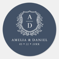 Navy Blue Crest Modern Monogram Wedding