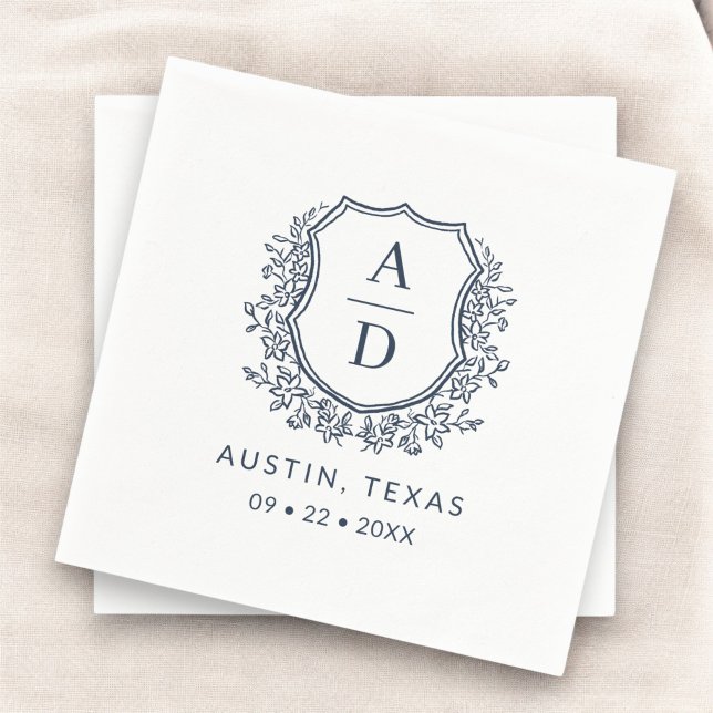 Navy Blue Crest Modern Monogram Wedding  Napkin (Creator Uploaded)