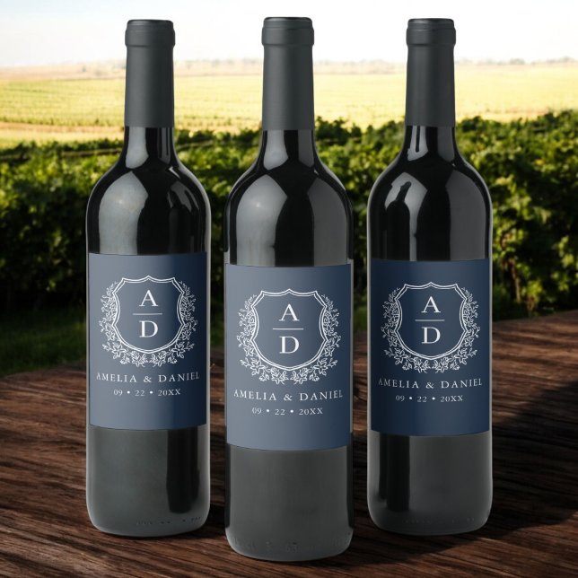 Navy Blue Crest Modern Monogram Wedding  Wine Label (Creator Uploaded)