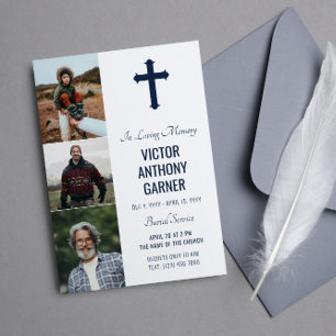 Navy Blue Cross 3 Photos White Burial Service Invitation